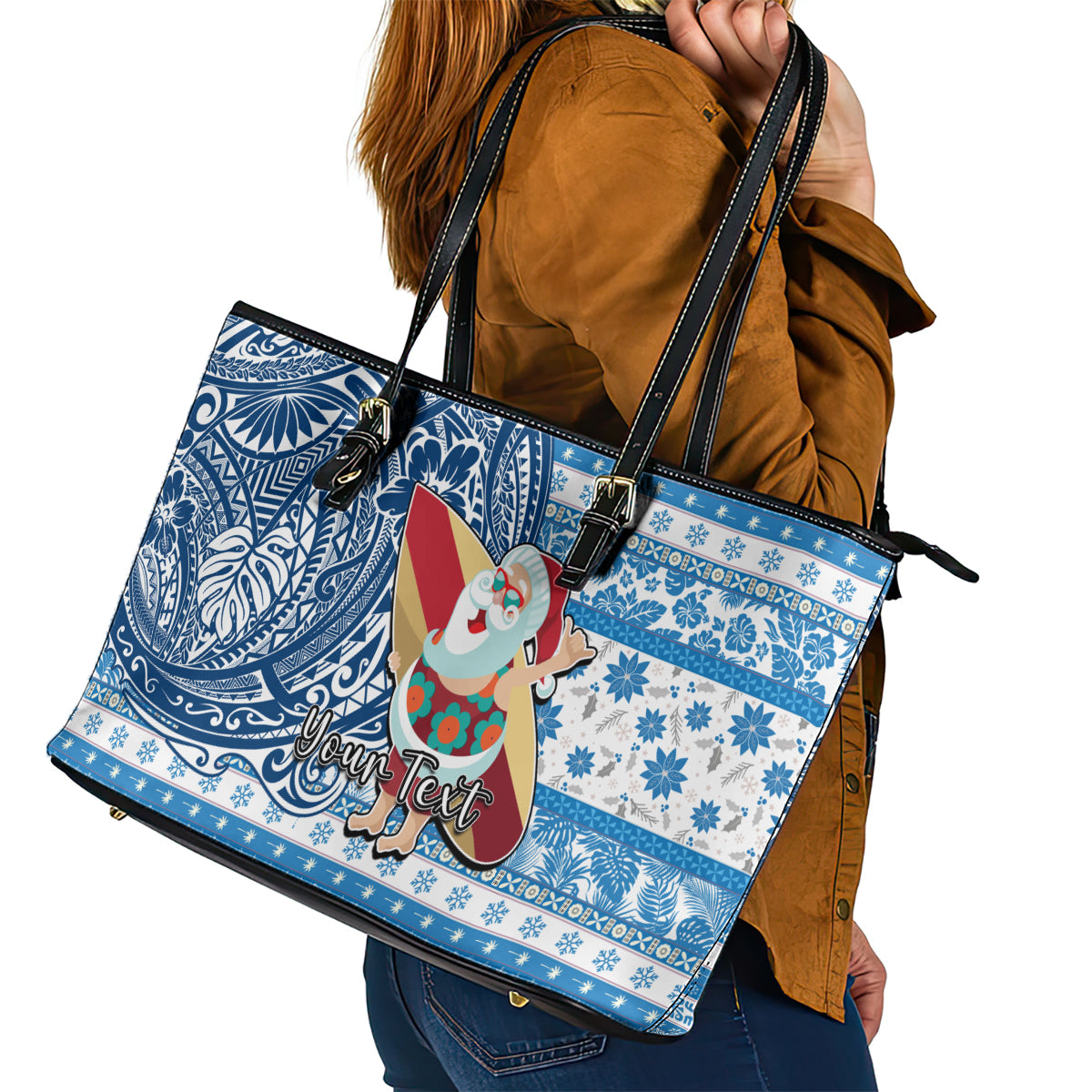Custom Hawaii Mele Kalikimaka Leather Tote Bag Santa Claus Surfing with Hawaiian Pattern Striped Blue Style LT03 - Polynesian Pride