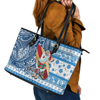 Custom Hawaii Mele Kalikimaka Leather Tote Bag Santa Claus Surfing with Hawaiian Pattern Striped Blue Style LT03 - Polynesian Pride