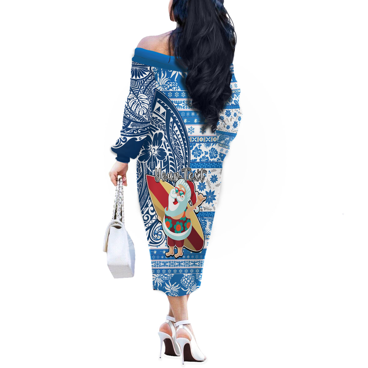 Custom Hawaii Mele Kalikimaka Off The Shoulder Long Sleeve Dress Santa Claus Surfing with Hawaiian Pattern Striped Blue Style LT03 - Polynesian Pride