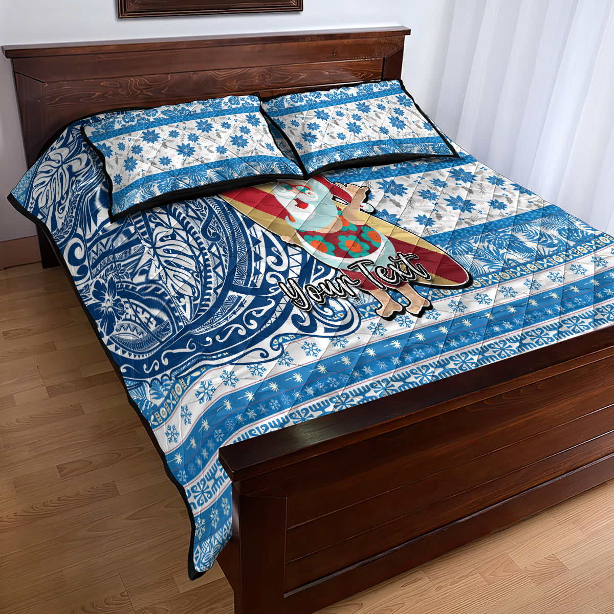 Custom Hawaii Mele Kalikimaka Quilt Bed Set Santa Claus Surfing with Hawaiian Pattern Striped Blue Style LT03 - Polynesian Pride