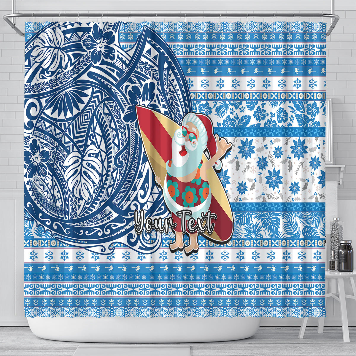 Custom Hawaii Mele Kalikimaka Shower Curtain Santa Claus Surfing with Hawaiian Pattern Striped Blue Style LT03 - Polynesian Pride