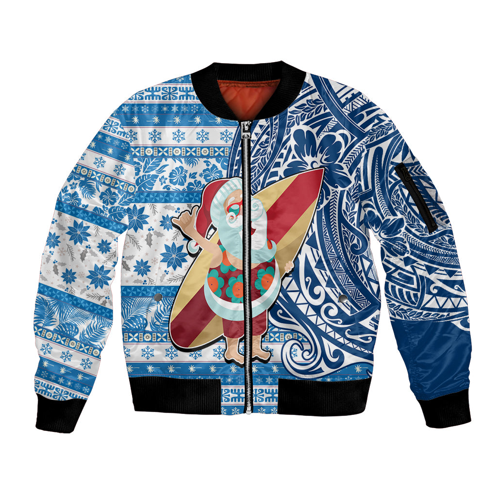 Custom Hawaii Mele Kalikimaka Sleeve Zip Bomber Jacket Santa Claus Surfing with Hawaiian Pattern Striped Blue Style LT03 Unisex Blue - Polynesian Pride