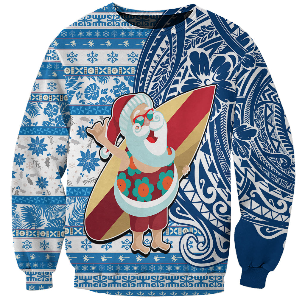 Custom Hawaii Mele Kalikimaka Sweatshirt Santa Claus Surfing with Hawaiian Pattern Striped Blue Style LT03 Unisex Blue - Polynesian Pride