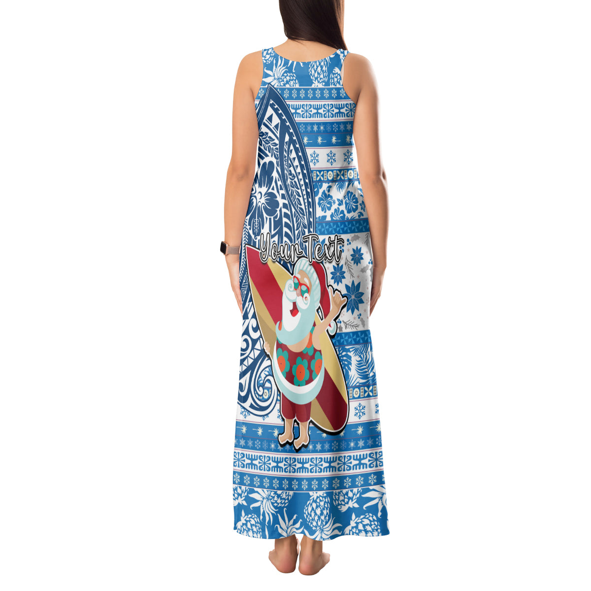 Custom Hawaii Mele Kalikimaka Tank Maxi Dress Santa Claus Surfing with Hawaiian Pattern Striped Blue Style LT03 - Polynesian Pride