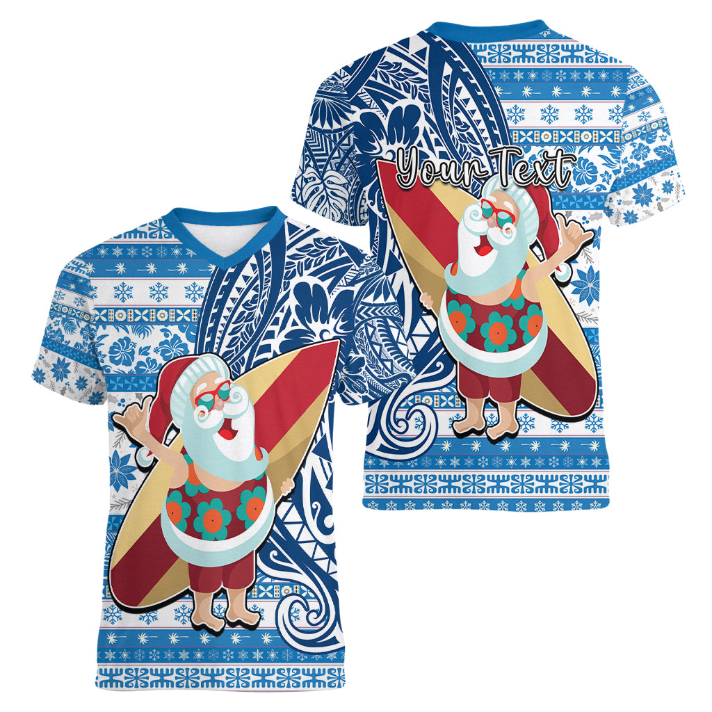 Custom Hawaii Mele Kalikimaka Women V Neck T Shirt Santa Claus Surfing with Hawaiian Pattern Striped Blue Style LT03 - Polynesian Pride