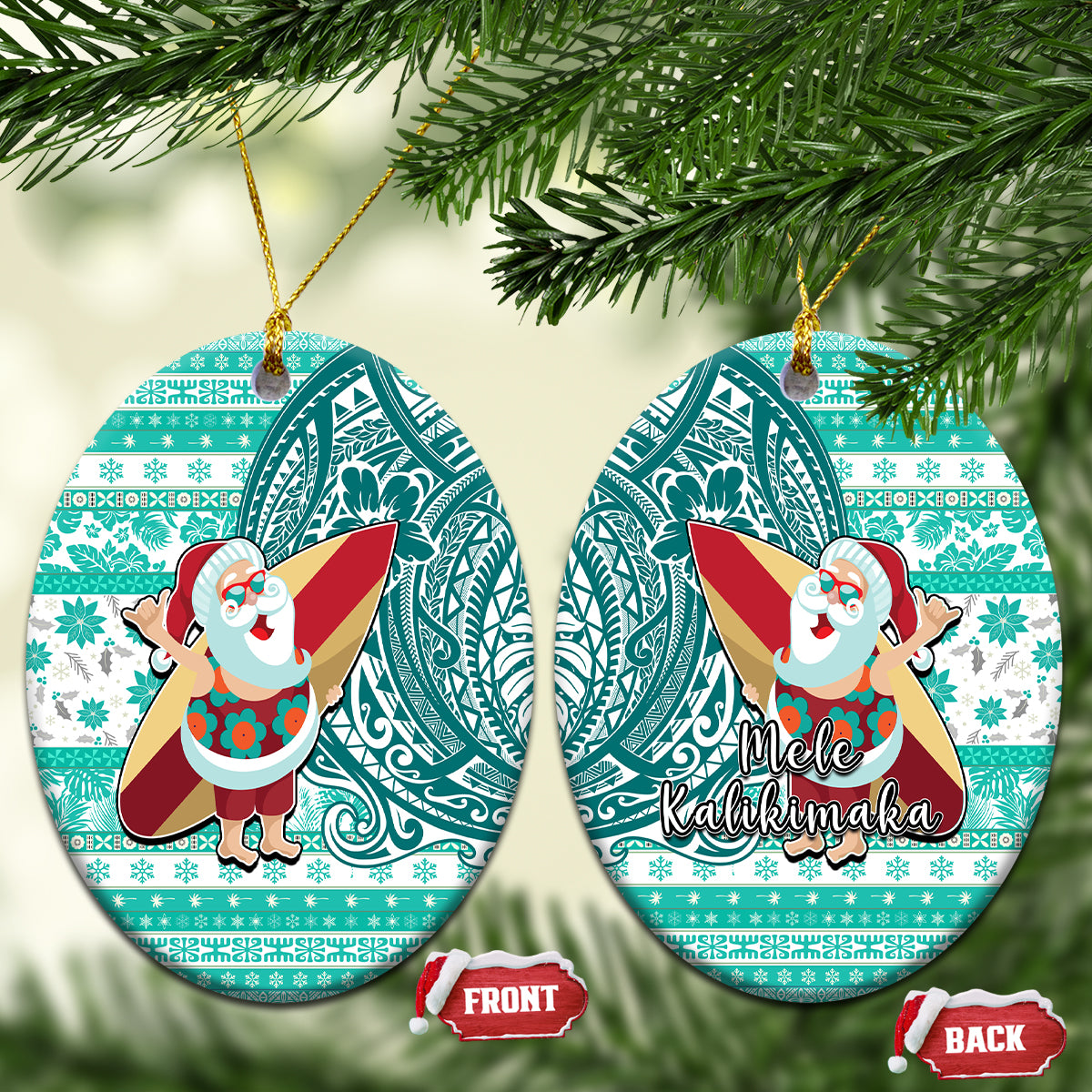Hawaii Mele Kalikimaka Ceramic Ornament Santa Claus Surfing with Hawaiian Pattern Striped Turquoise Style LT03 Oval Turquoise - Polynesian Pride