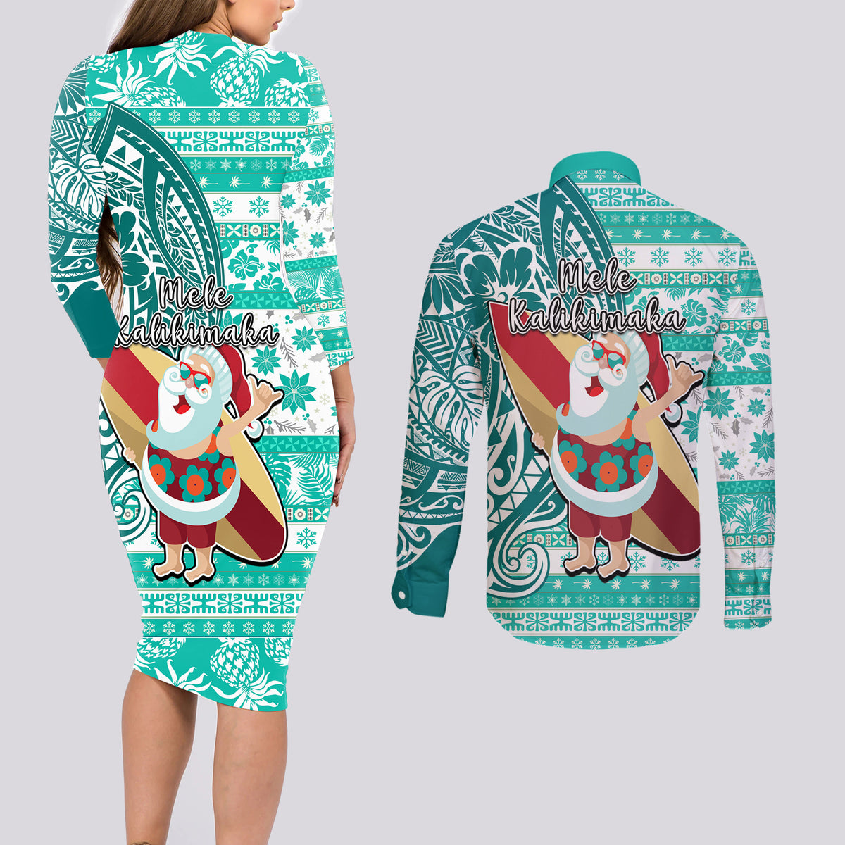 Hawaii Mele Kalikimaka Couples Matching Long Sleeve Bodycon Dress and Long Sleeve Button Shirt Santa Claus Surfing with Hawaiian Pattern Striped Turquoise Style LT03 - Polynesian Pride