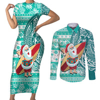 Hawaii Mele Kalikimaka Couples Matching Short Sleeve Bodycon Dress and Long Sleeve Button Shirt Santa Claus Surfing with Hawaiian Pattern Striped Turquoise Style LT03 Turquoise - Polynesian Pride