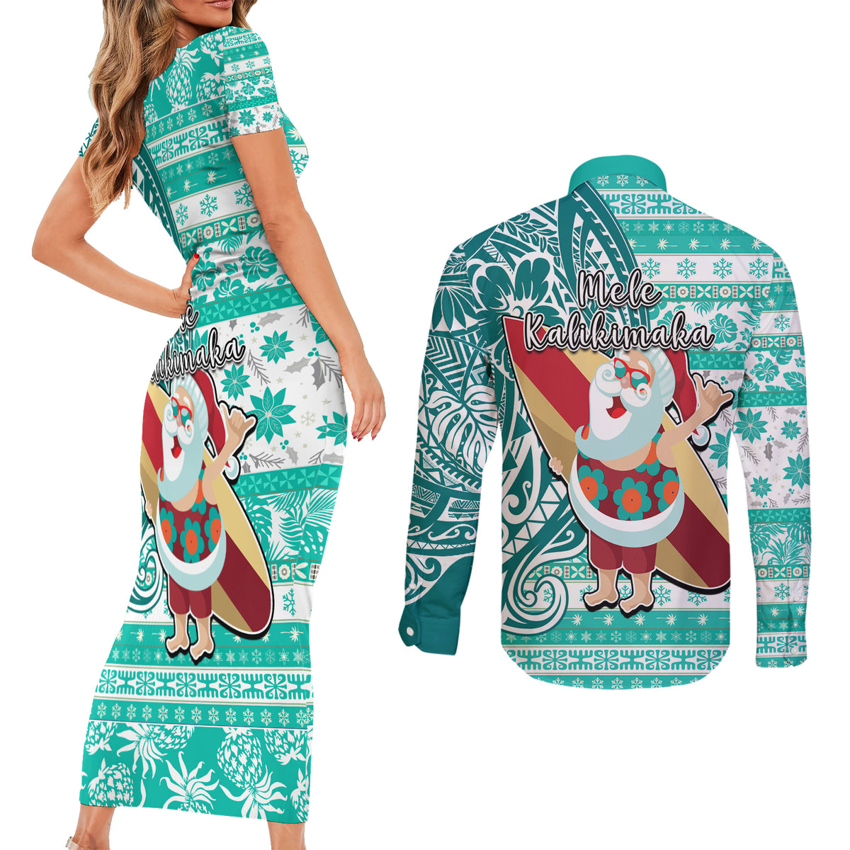 Hawaii Mele Kalikimaka Couples Matching Short Sleeve Bodycon Dress and Long Sleeve Button Shirt Santa Claus Surfing with Hawaiian Pattern Striped Turquoise Style LT03 - Polynesian Pride