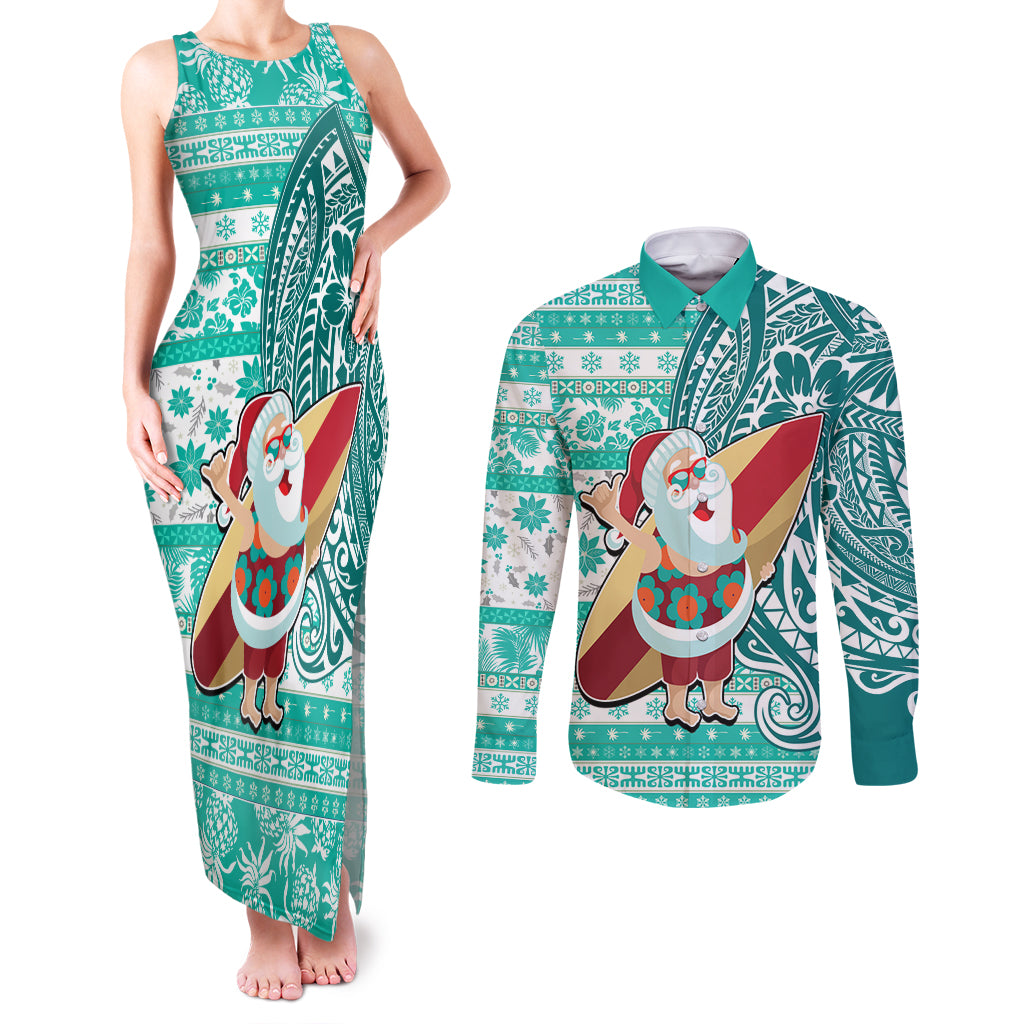 Hawaii Mele Kalikimaka Couples Matching Tank Maxi Dress and Long Sleeve Button Shirt Santa Claus Surfing with Hawaiian Pattern Striped Turquoise Style LT03 Turquoise - Polynesian Pride