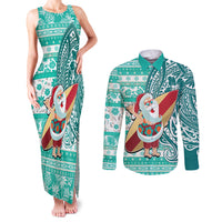 Hawaii Mele Kalikimaka Couples Matching Tank Maxi Dress and Long Sleeve Button Shirt Santa Claus Surfing with Hawaiian Pattern Striped Turquoise Style LT03 Turquoise - Polynesian Pride