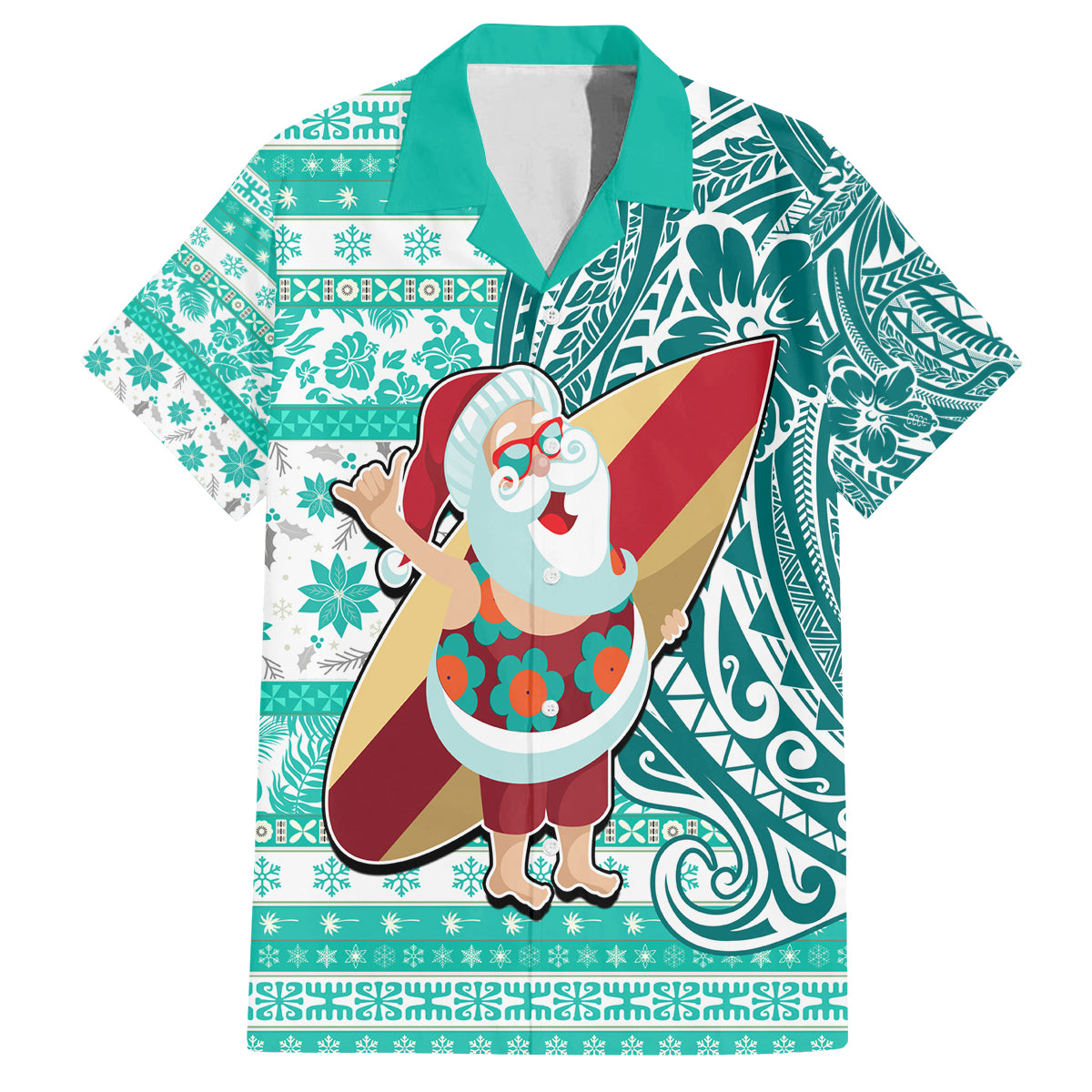 Hawaii Mele Kalikimaka Family Matching Long Sleeve Bodycon Dress and Hawaiian Shirt Santa Claus Surfing with Hawaiian Pattern Striped Turquoise Style LT03 Dad's Shirt - Short Sleeve Turquoise - Polynesian Pride