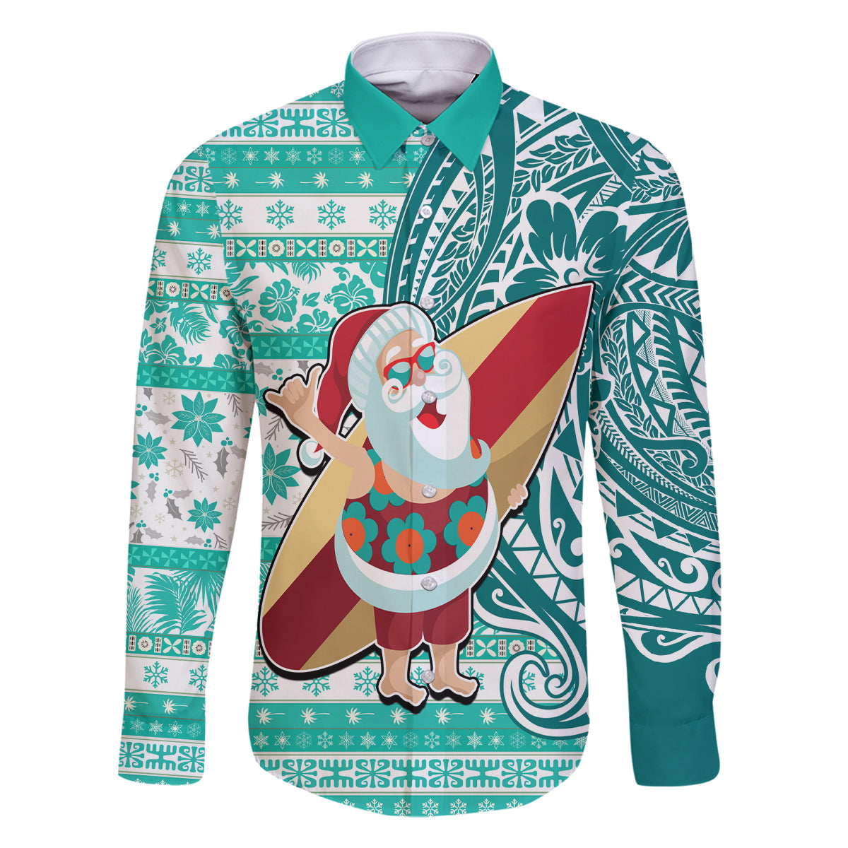 Hawaii Mele Kalikimaka Family Matching Mermaid Dress and Hawaiian Shirt Santa Claus Surfing with Hawaiian Pattern Striped Turquoise Style LT03 Dad's Shirt - Long Sleeve Turquoise - Polynesian Pride