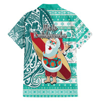 Hawaii Mele Kalikimaka Family Matching Off Shoulder Short Dress and Hawaiian Shirt Santa Claus Surfing with Hawaiian Pattern Striped Turquoise Style LT03 - Polynesian Pride