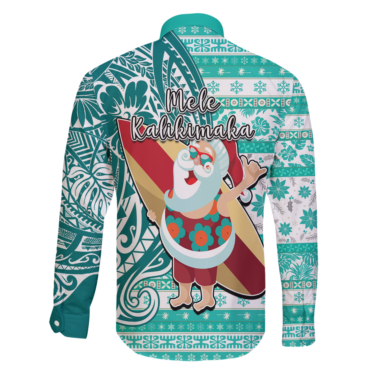Hawaii Mele Kalikimaka Family Matching Off Shoulder Short Dress and Hawaiian Shirt Santa Claus Surfing with Hawaiian Pattern Striped Turquoise Style LT03 - Polynesian Pride