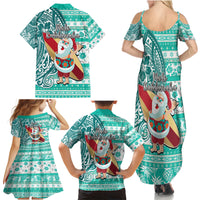 Hawaii Mele Kalikimaka Family Matching Summer Maxi Dress and Hawaiian Shirt Santa Claus Surfing with Hawaiian Pattern Striped Turquoise Style LT03 - Polynesian Pride