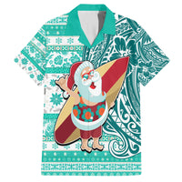 Hawaii Mele Kalikimaka Family Matching Tank Maxi Dress and Hawaiian Shirt Santa Claus Surfing with Hawaiian Pattern Striped Turquoise Style LT03 Dad's Shirt - Short Sleeve Turquoise - Polynesian Pride