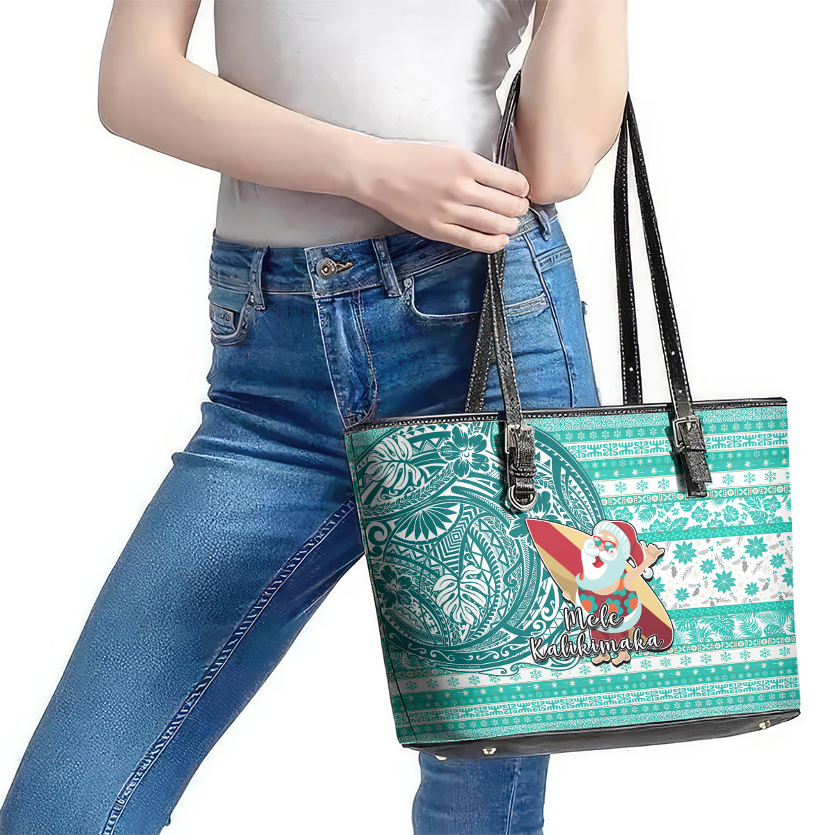 Hawaii Mele Kalikimaka Leather Tote Bag Santa Claus Surfing with Hawaiian Pattern Striped Turquoise Style LT03 - Polynesian Pride