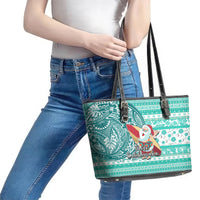 Hawaii Mele Kalikimaka Leather Tote Bag Santa Claus Surfing with Hawaiian Pattern Striped Turquoise Style LT03 - Polynesian Pride