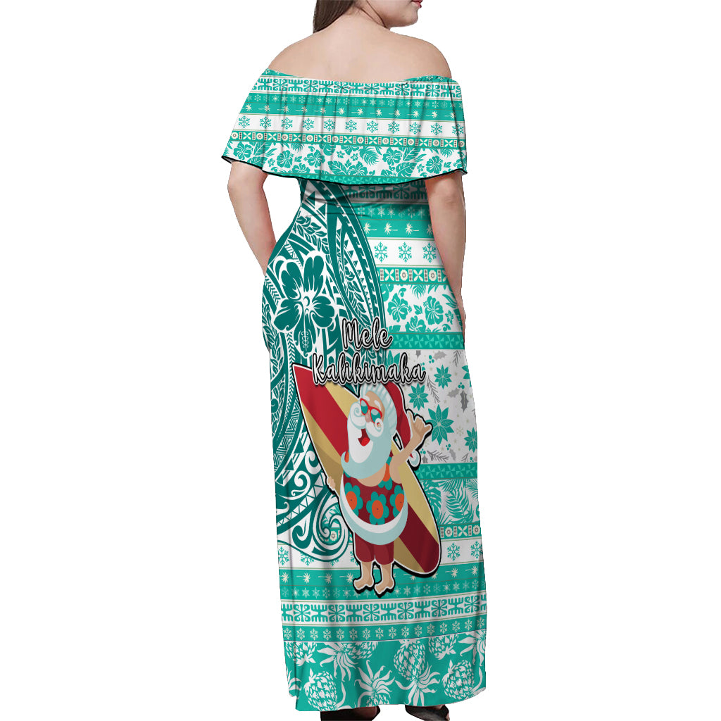 Hawaii Mele Kalikimaka Off Shoulder Maxi Dress Santa Claus Surfing with Hawaiian Pattern Striped Turquoise Style LT03 - Polynesian Pride