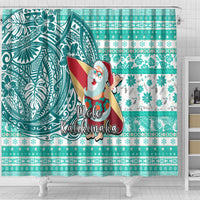 Hawaii Mele Kalikimaka Shower Curtain Santa Claus Surfing with Hawaiian Pattern Striped Turquoise Style LT03 - Polynesian Pride