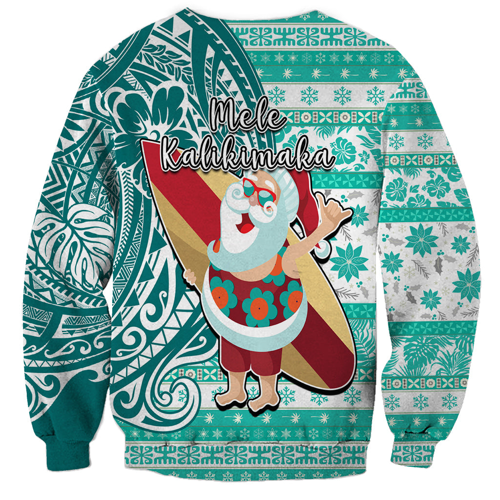 Hawaii Mele Kalikimaka Sweatshirt Santa Claus Surfing with Hawaiian Pattern Striped Turquoise Style LT03 - Polynesian Pride