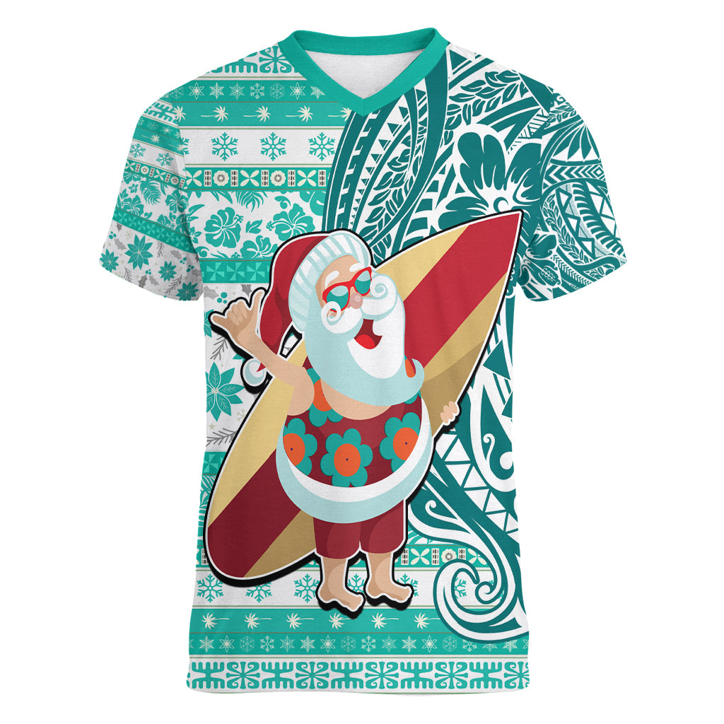 Hawaii Mele Kalikimaka Women V Neck T Shirt Santa Claus Surfing with Hawaiian Pattern Striped Turquoise Style LT03 Female Turquoise - Polynesian Pride