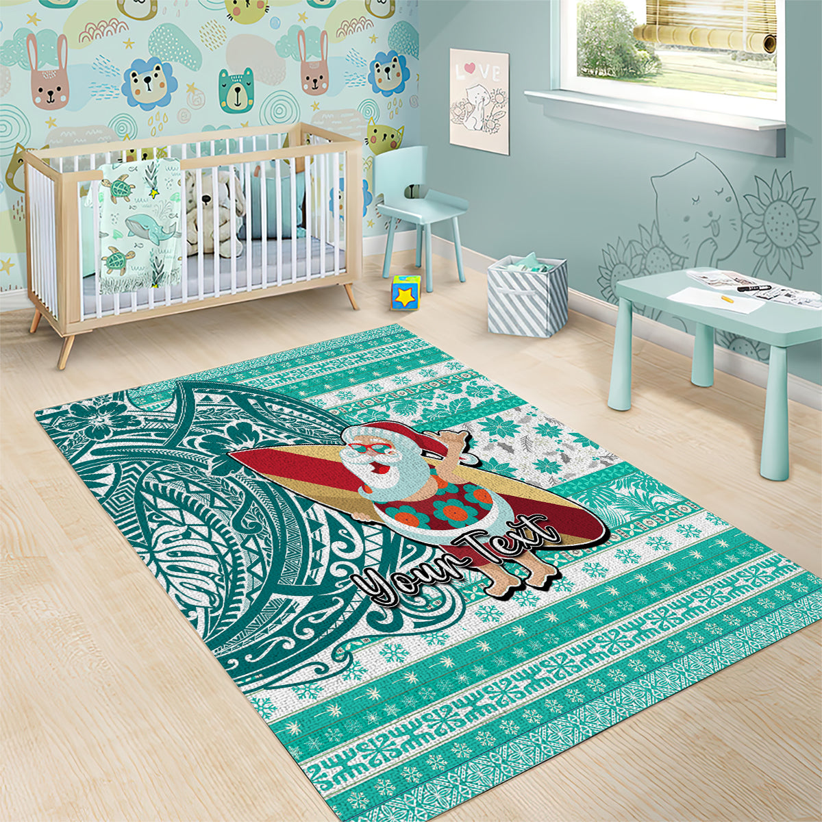 Custom Hawaii Mele Kalikimaka Area Rug Santa Claus Surfing with Hawaiian Pattern Striped Turquoise Style LT03 - Polynesian Pride