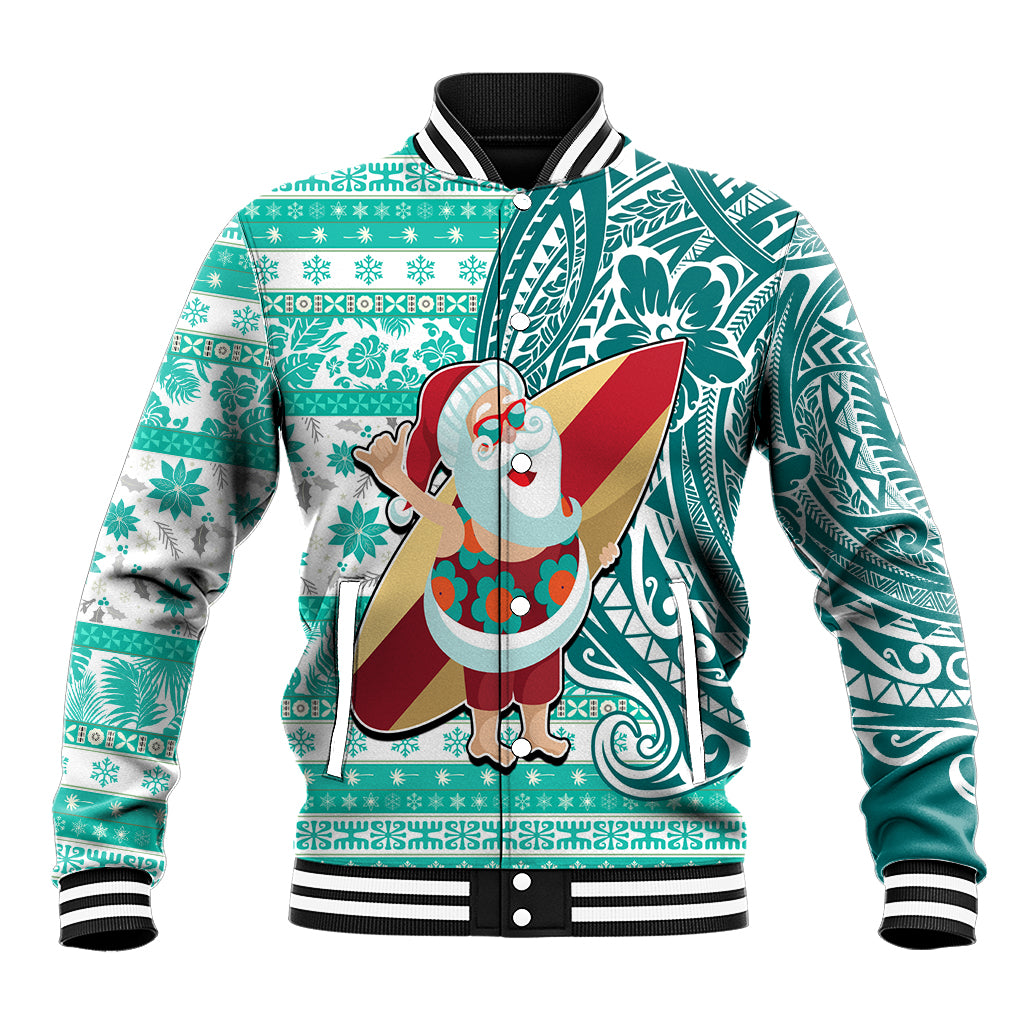 Custom Hawaii Mele Kalikimaka Baseball Jacket Santa Claus Surfing with Hawaiian Pattern Striped Turquoise Style LT03 Unisex Turquoise - Polynesian Pride