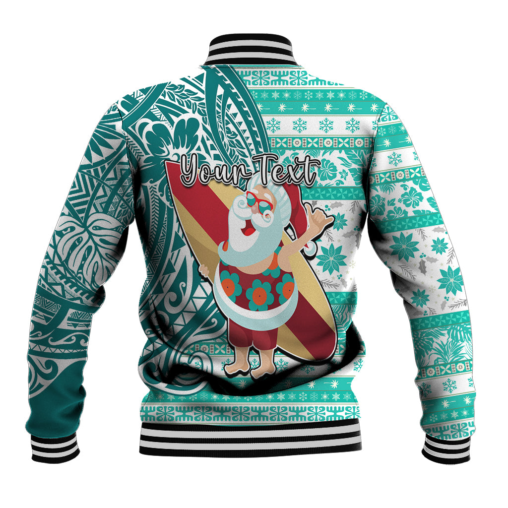 Custom Hawaii Mele Kalikimaka Baseball Jacket Santa Claus Surfing with Hawaiian Pattern Striped Turquoise Style LT03 - Polynesian Pride