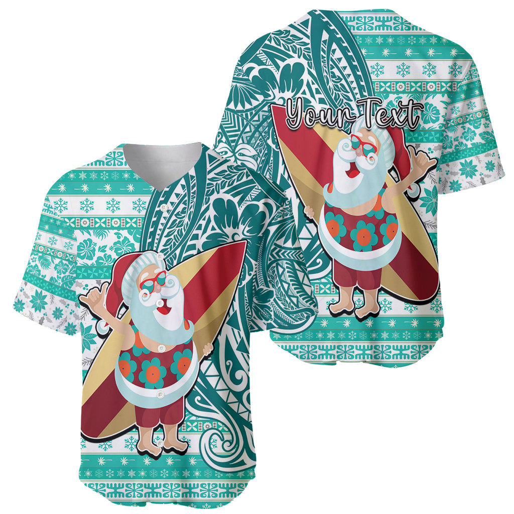 Custom Hawaii Mele Kalikimaka Baseball Jersey Santa Claus Surfing with Hawaiian Pattern Striped Turquoise Style LT03 - Polynesian Pride