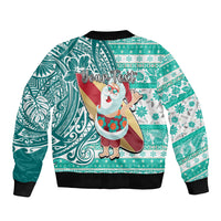 Custom Hawaii Mele Kalikimaka Bomber Jacket Santa Claus Surfing with Hawaiian Pattern Striped Turquoise Style LT03 - Polynesian Pride