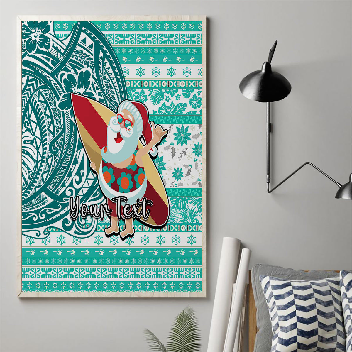 Custom Hawaii Mele Kalikimaka Canvas Wall Art Santa Claus Surfing with Hawaiian Pattern Striped Turquoise Style LT03 - Polynesian Pride