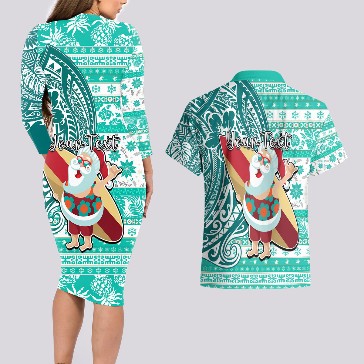Custom Hawaii Mele Kalikimaka Couples Matching Long Sleeve Bodycon Dress and Hawaiian Shirt Santa Claus Surfing with Hawaiian Pattern Striped Turquoise Style LT03 - Polynesian Pride
