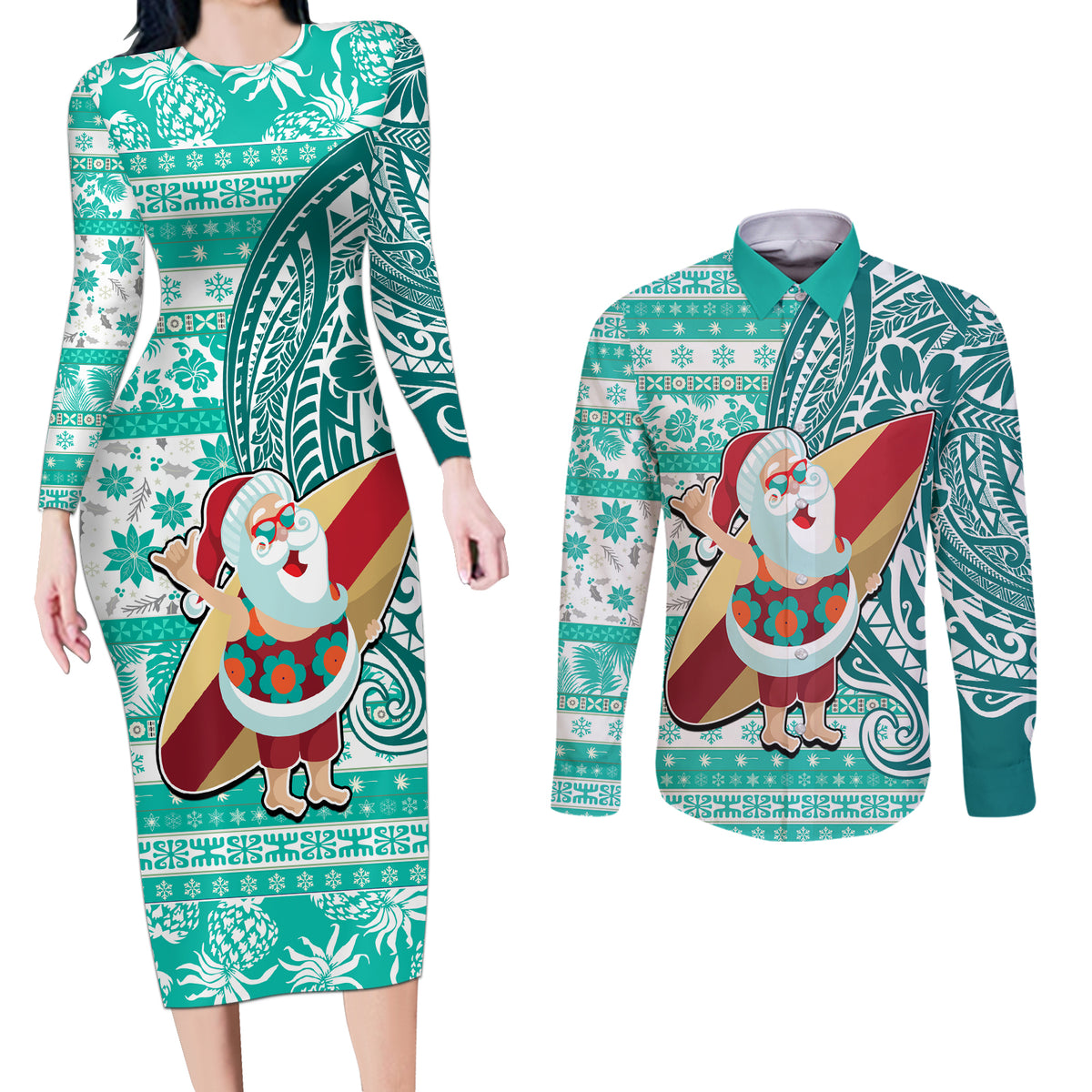 Custom Hawaii Mele Kalikimaka Couples Matching Long Sleeve Bodycon Dress and Long Sleeve Button Shirt Santa Claus Surfing with Hawaiian Pattern Striped Turquoise Style LT03 Turquoise - Polynesian Pride