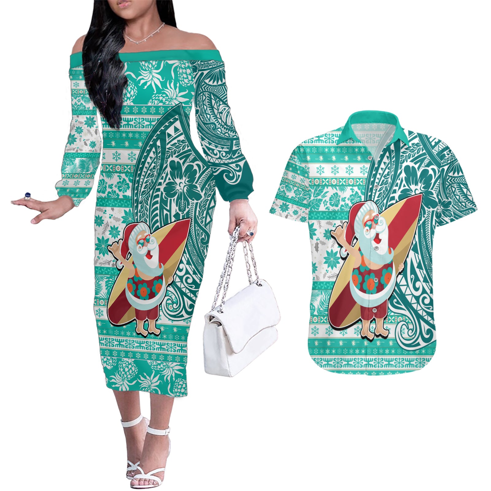 Custom Hawaii Mele Kalikimaka Couples Matching Off The Shoulder Long Sleeve Dress and Hawaiian Shirt Santa Claus Surfing with Hawaiian Pattern Striped Turquoise Style LT03 Turquoise - Polynesian Pride