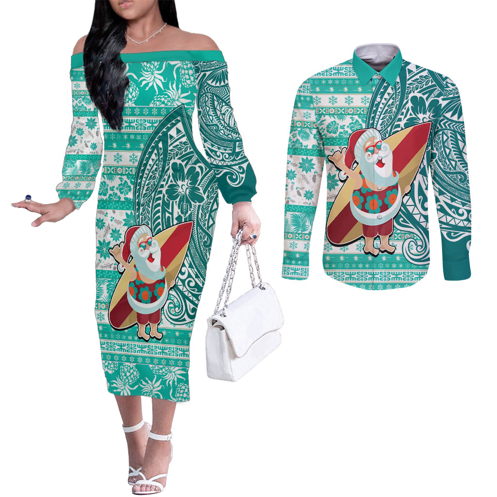 Custom Hawaii Mele Kalikimaka Couples Matching Off The Shoulder Long Sleeve Dress and Long Sleeve Button Shirt Santa Claus Surfing with Hawaiian Pattern Striped Turquoise Style LT03 Turquoise - Polynesian Pride