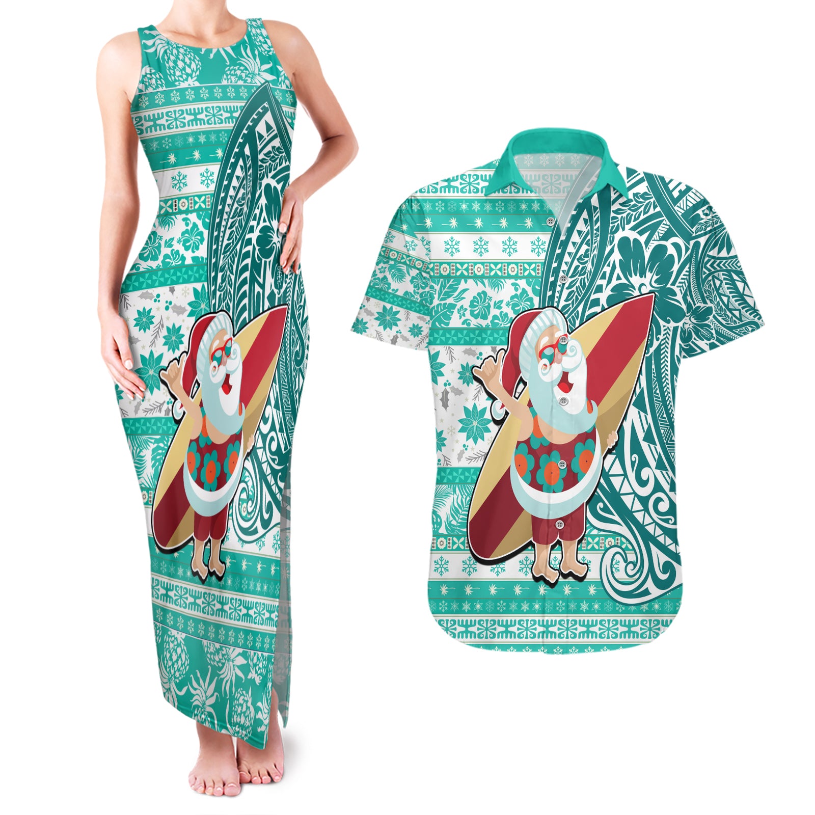 Custom Hawaii Mele Kalikimaka Couples Matching Tank Maxi Dress and Hawaiian Shirt Santa Claus Surfing with Hawaiian Pattern Striped Turquoise Style LT03 Turquoise - Polynesian Pride