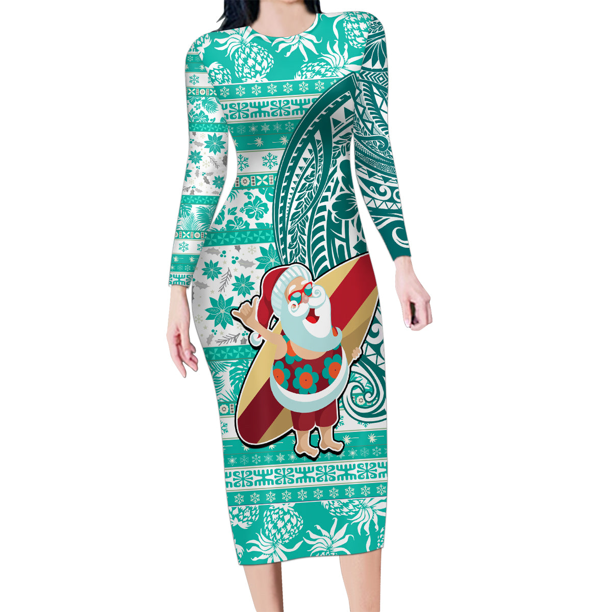 Custom Hawaii Mele Kalikimaka Family Matching Long Sleeve Bodycon Dress and Hawaiian Shirt Santa Claus Surfing with Hawaiian Pattern Striped Turquoise Style LT03 Mom's Dress Turquoise - Polynesian Pride