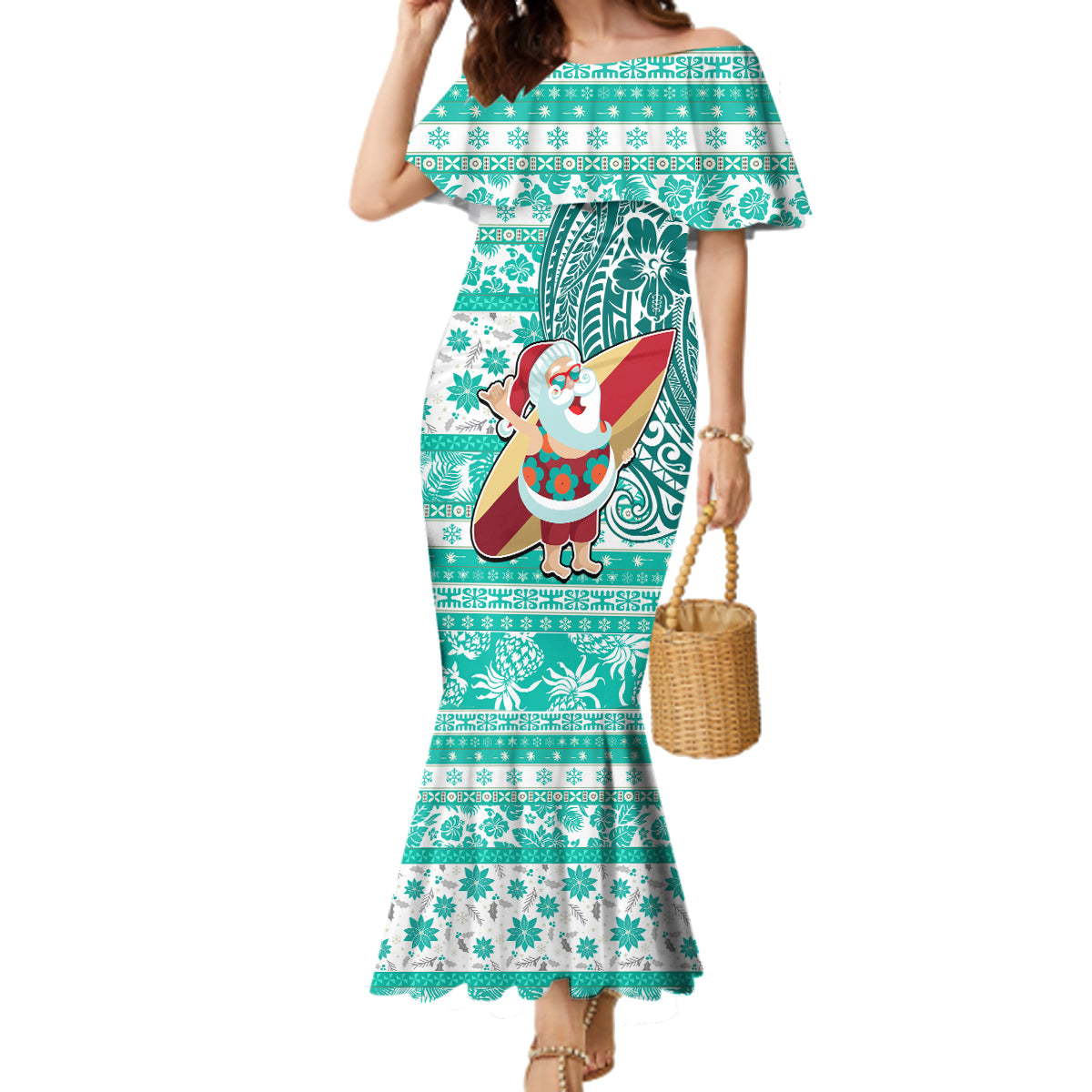Custom Hawaii Mele Kalikimaka Family Matching Mermaid Dress and Hawaiian Shirt Santa Claus Surfing with Hawaiian Pattern Striped Turquoise Style LT03 Mom's Dress Turquoise - Polynesian Pride