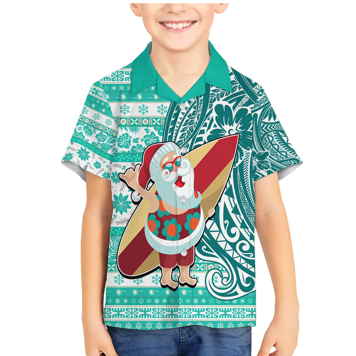 Custom Hawaii Mele Kalikimaka Family Matching Mermaid Dress and Hawaiian Shirt Santa Claus Surfing with Hawaiian Pattern Striped Turquoise Style LT03 Son's Shirt Turquoise - Polynesian Pride