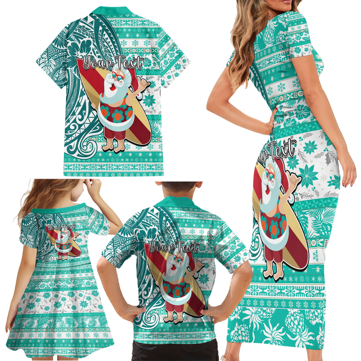 Custom Hawaii Mele Kalikimaka Family Matching Short Sleeve Bodycon Dress and Hawaiian Shirt Santa Claus Surfing with Hawaiian Pattern Striped Turquoise Style LT03 - Polynesian Pride