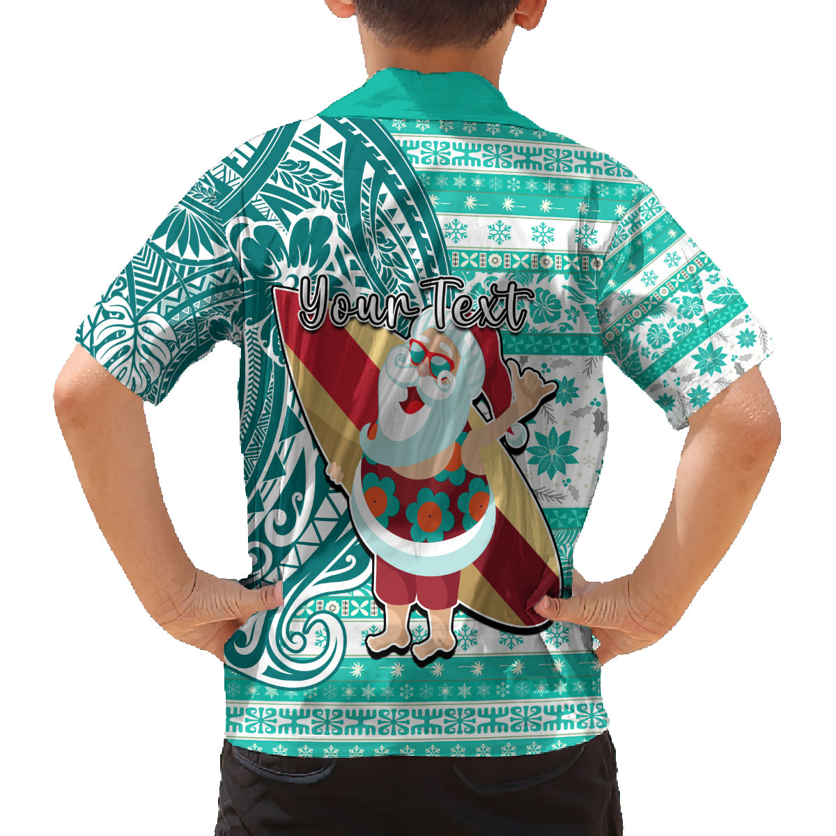 Custom Hawaii Mele Kalikimaka Family Matching Tank Maxi Dress and Hawaiian Shirt Santa Claus Surfing with Hawaiian Pattern Striped Turquoise Style LT03 - Polynesian Pride