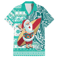 Custom Hawaii Mele Kalikimaka Family Matching Tank Maxi Dress and Hawaiian Shirt Santa Claus Surfing with Hawaiian Pattern Striped Turquoise Style LT03 Dad's Shirt - Short Sleeve Turquoise - Polynesian Pride