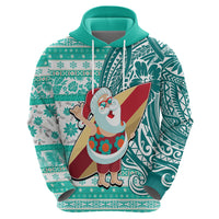 Custom Hawaii Mele Kalikimaka Hoodie Santa Claus Surfing with Hawaiian Pattern Striped Turquoise Style LT03 - Polynesian Pride