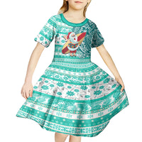 Custom Hawaii Mele Kalikimaka Kid Short Sleeve Dress Santa Claus Surfing with Hawaiian Pattern Striped Turquoise Style LT03 - Polynesian Pride