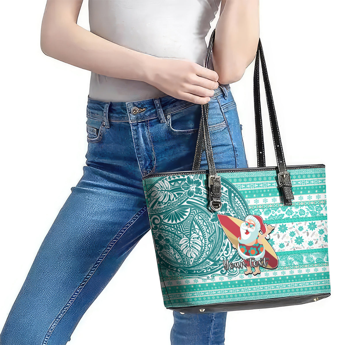 Custom Hawaii Mele Kalikimaka Leather Tote Bag Santa Claus Surfing with Hawaiian Pattern Striped Turquoise Style LT03 - Polynesian Pride