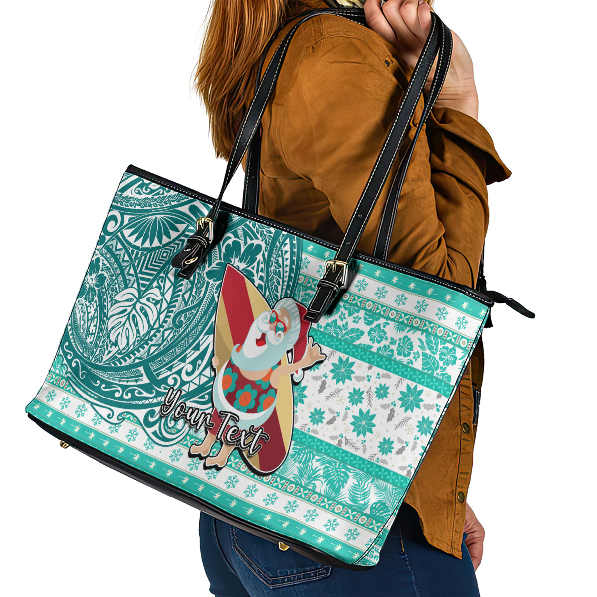 Custom Hawaii Mele Kalikimaka Leather Tote Bag Santa Claus Surfing with Hawaiian Pattern Striped Turquoise Style LT03 - Polynesian Pride