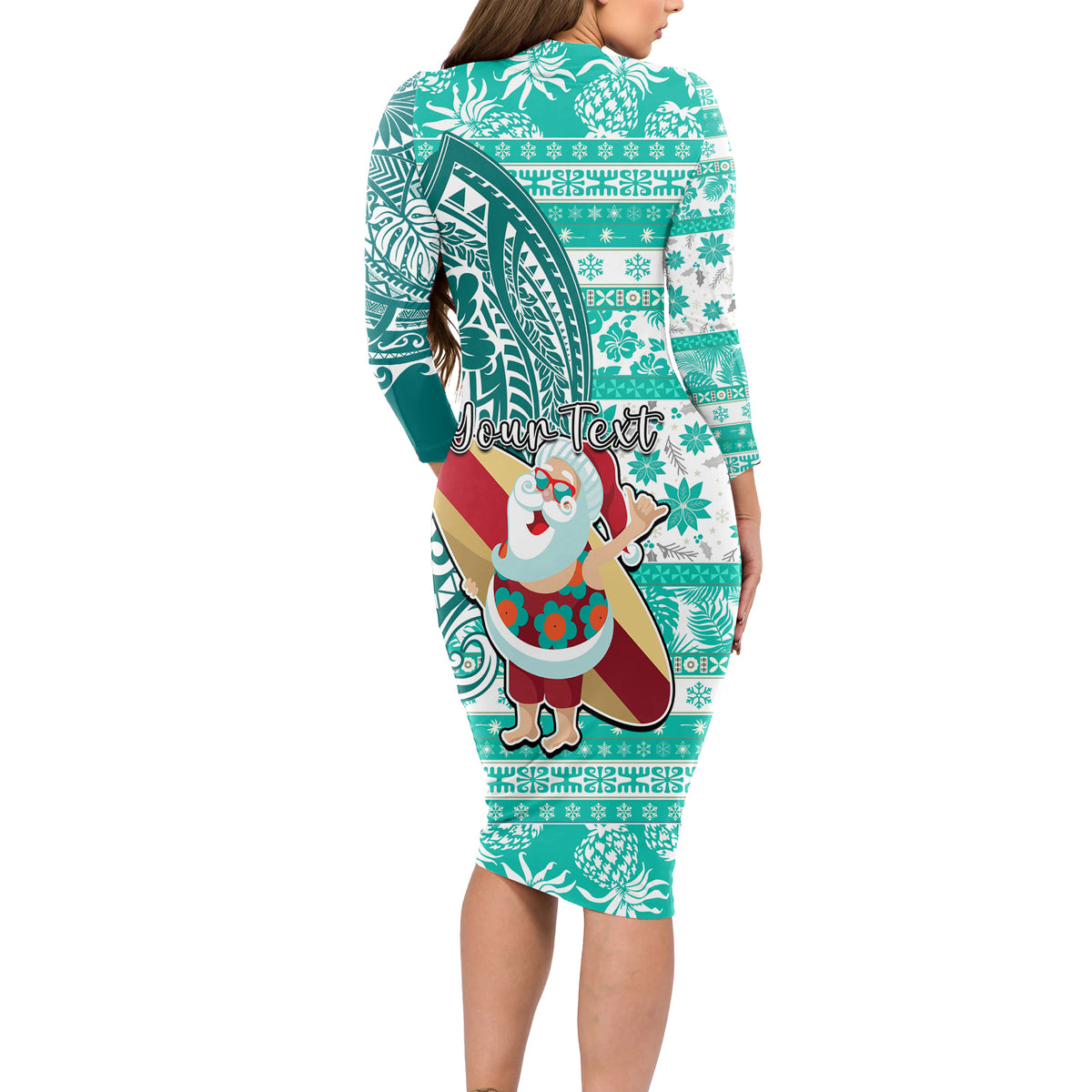 Custom Hawaii Mele Kalikimaka Long Sleeve Bodycon Dress Santa Claus Surfing with Hawaiian Pattern Striped Turquoise Style LT03 - Polynesian Pride