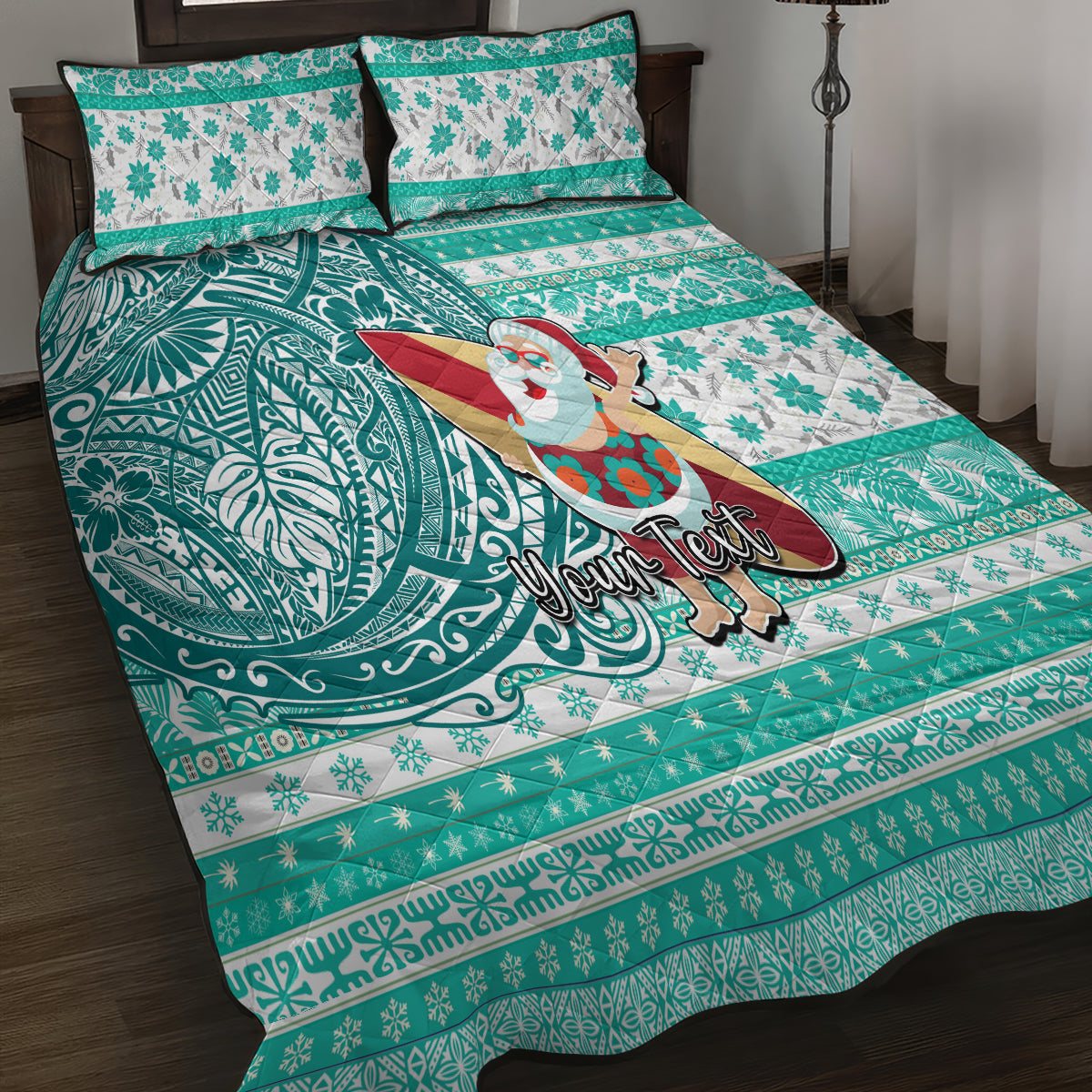 Custom Hawaii Mele Kalikimaka Quilt Bed Set Santa Claus Surfing with Hawaiian Pattern Striped Turquoise Style LT03 - Polynesian Pride